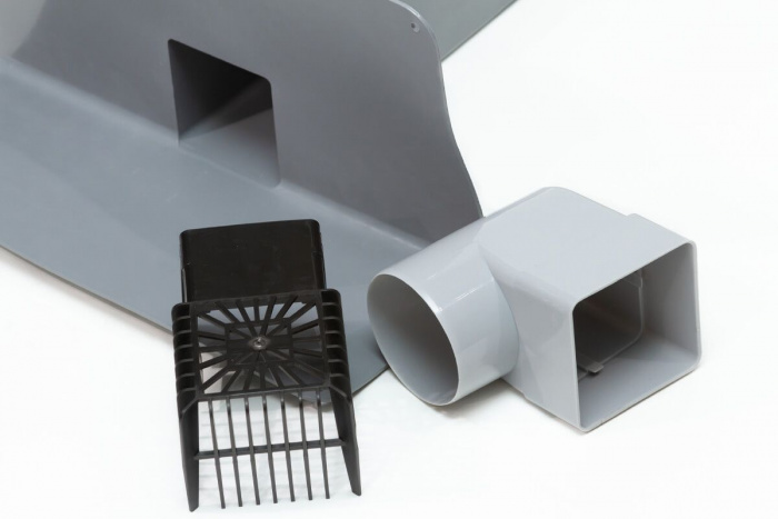 Парапетная воронка с листвоуловителем и отводом VC-PVC 100x100x650